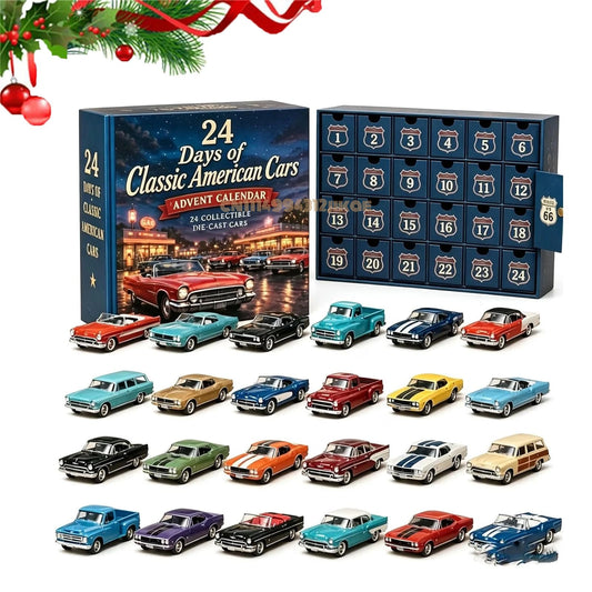 24 Days of Classic American Cars Advent Calendar box with all 24 die-cast cars